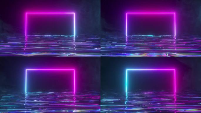 一个明亮的霓虹灯框架闪烁着霓虹灯光谱在水中。烟熏的背景。无缝圈3D渲染