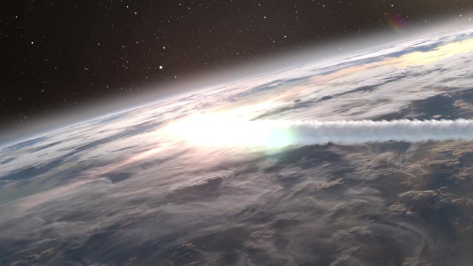 流星小行星在云层上进入地球大气层，彗星进入地球的电影外太空视图
