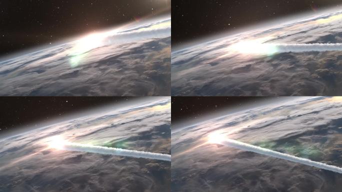 流星小行星在云层上进入地球大气层，彗星进入地球的电影外太空视图