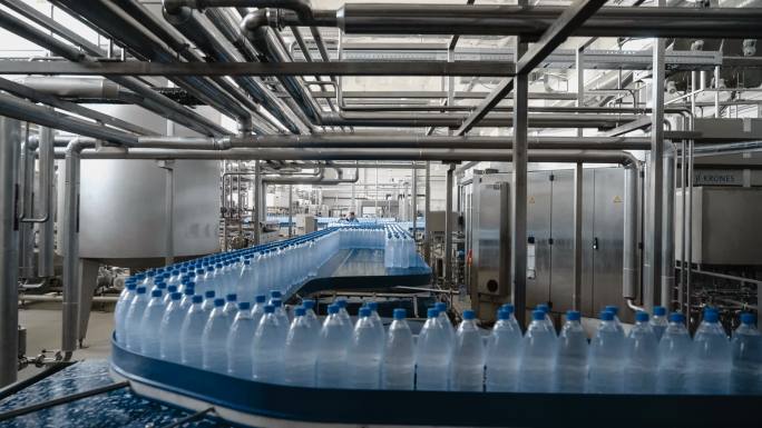 水灌装线-水灌装设备加工、装纯矿泉水瓶成蓝色的瓶子。