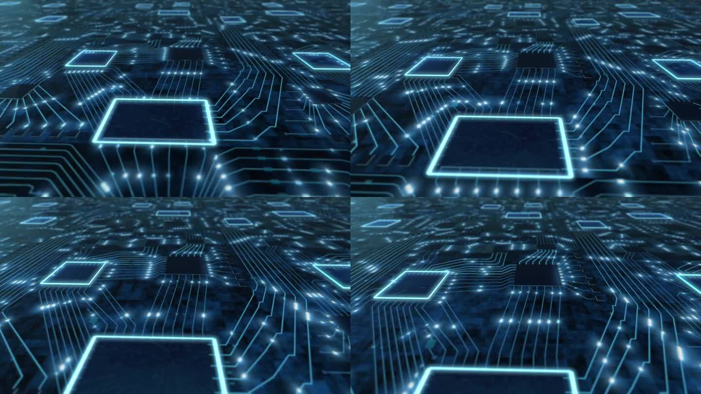 轴对称科幻数字蓝色背景，带有芯片和电子信号的印刷电路板3D渲染二进制数据
