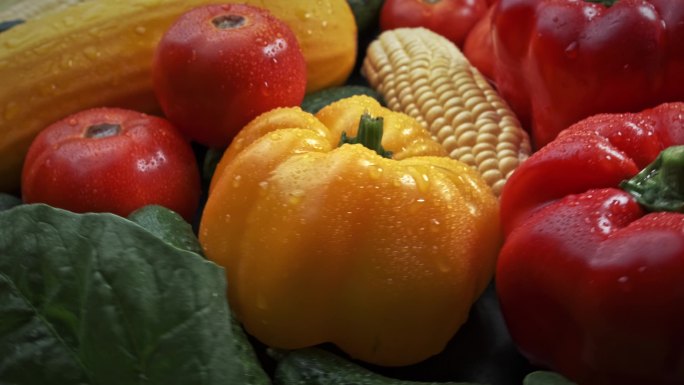 五彩斑斓的新鲜蔬菜:西葫芦，西红柿，黄瓜，甜椒，玉米，还有水滴。B.轮换背景