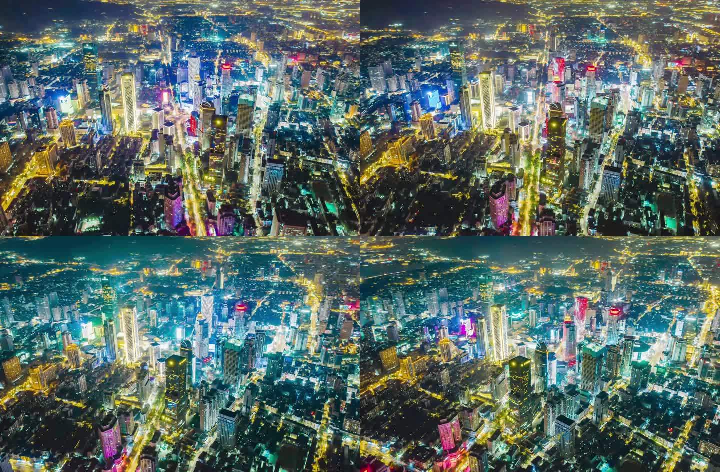 南京新街口高楼建筑灯光夜景延时航拍