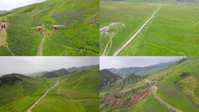 航拍下雨的山间草原 山间小路