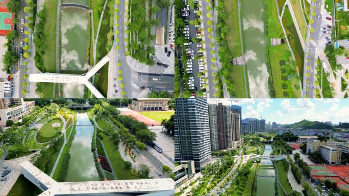 航拍深圳城市景观，河流水道水文生态环境