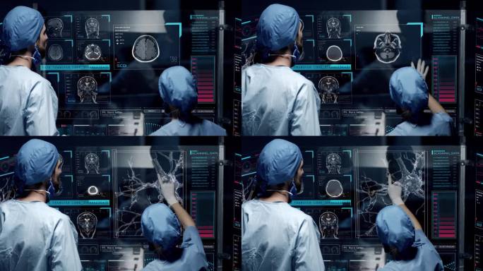 专业医生通过检查带有未来学全息图的大玻璃幕图来分析病人的医疗Mri诊断。概念:医学、医生、未来、全息