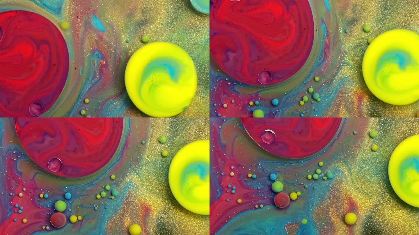 五彩斑斓的气泡的奇妙结构。混乱的运动。抽象的彩色油漆。顶部视图，