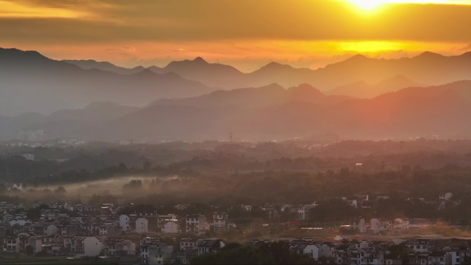 长焦夕阳徽州村落航拍