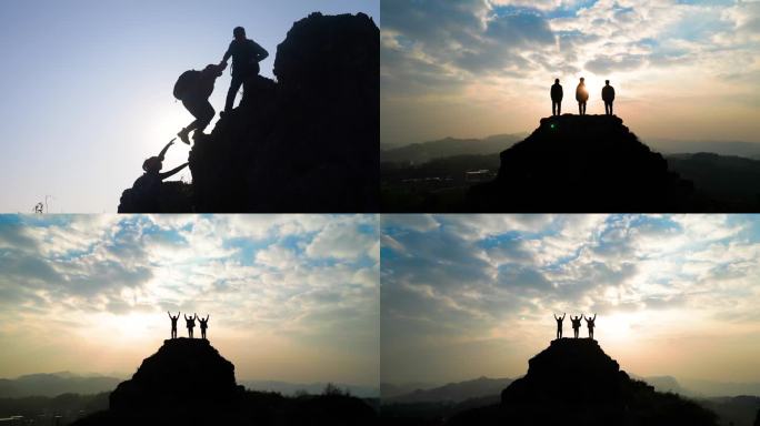 登山三人行团队攀岩登顶山峰甲乙丙企业创业