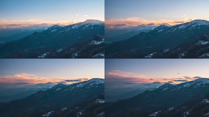 时光流逝:夕阳西下的阿尔卑斯山、独特的风景全景、高山山谷移动的云彩、冬季。