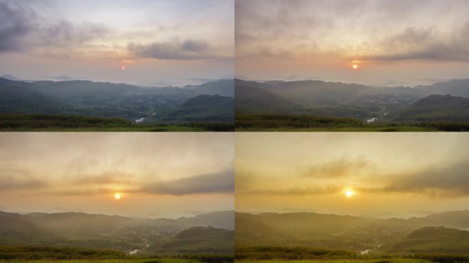 美丽的金色日出，快速滚动的云彩飘过村庄。在拉瑙、沙巴、婆罗洲拍摄。时差运动盘右边