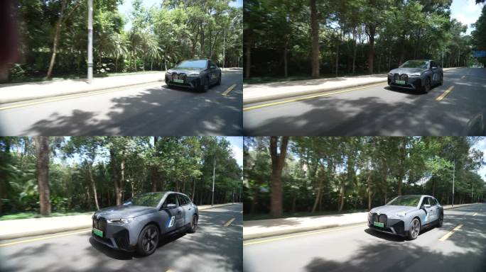 新款宝马iX电动车跟拍视频林荫小道汽车