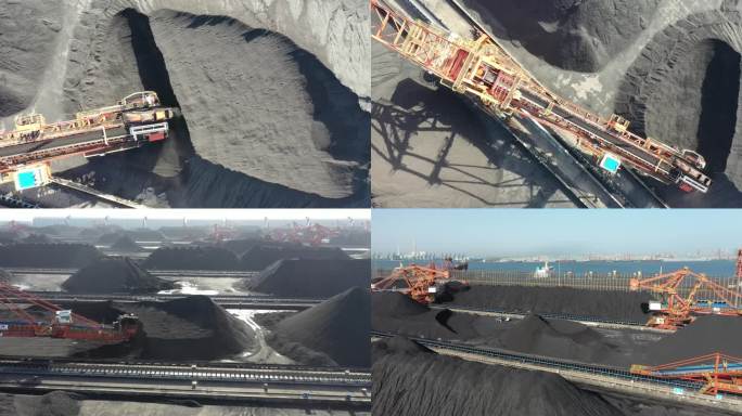 航拍-煤炭万吨堆场装载机作业