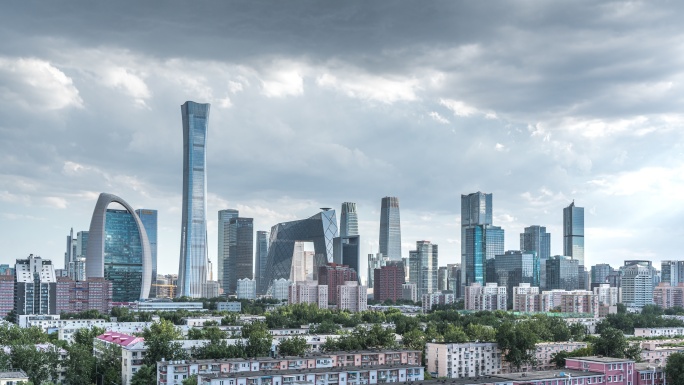 北京建筑群市中心CBD阴雨天气