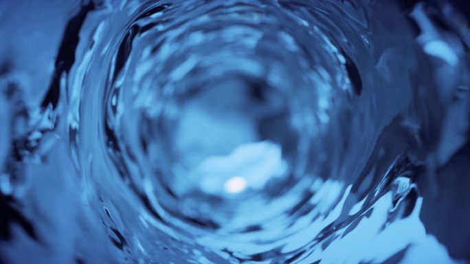 水在玻璃杯中以慢动作流动.摘要蓝水背景。无缝圈3D渲染