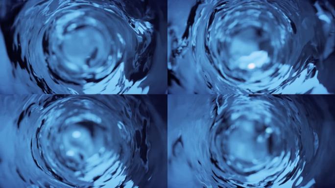 水在玻璃杯中以慢动作流动.摘要蓝水背景。无缝圈3D渲染