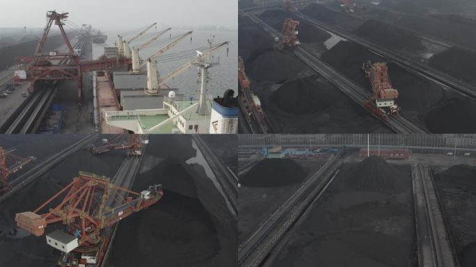 航拍-能源煤炭堆场码头港口泊船