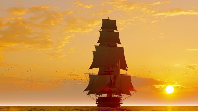 夕阳下乘风破浪前行的一只帆船视频