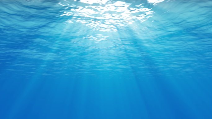 4K水下光线穿过深蓝色的海浪
