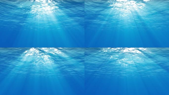4K水下光线穿过深蓝色的海浪
