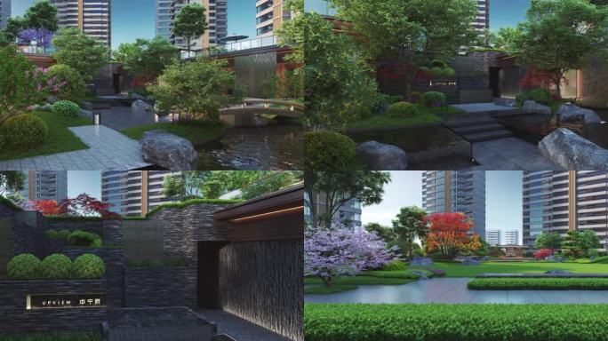 住宅区景观园林长镜头水池小溪草地建筑动画
