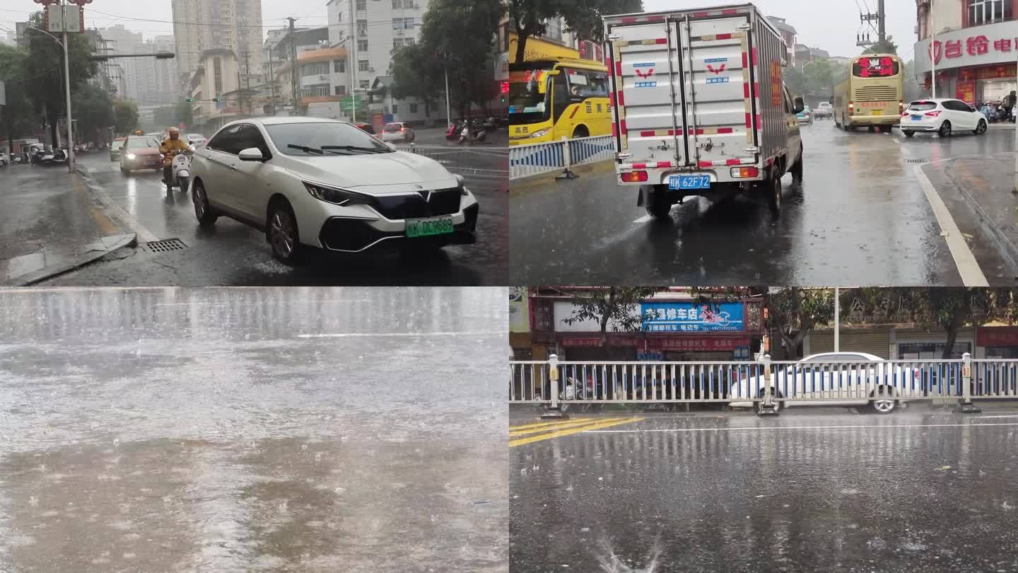 梅雨天下雨天街道行人暴雨警告雷阵雨雨水