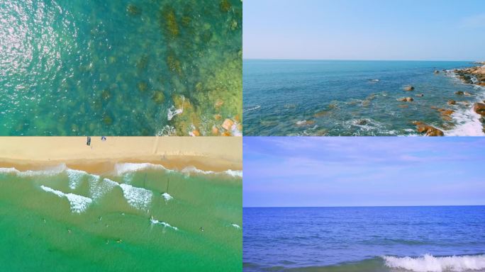 海浪海浪拍打礁石航拍沙滩海面透明的海水