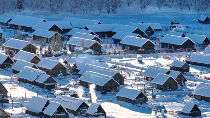 4K航拍禾木村雪景炊烟