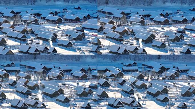 4K航拍禾木村雪景炊烟