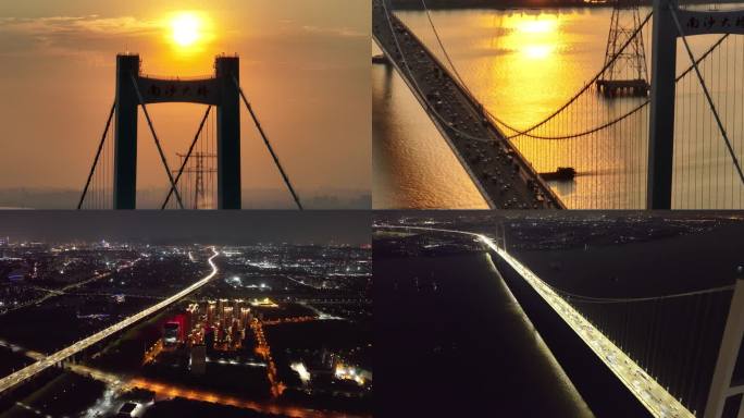 航拍南沙大桥日与夜、周边道路、港口