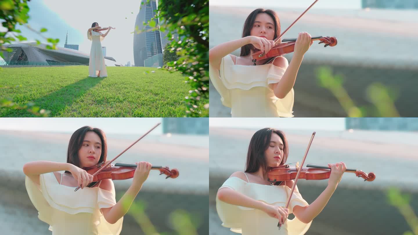 一个女孩站在城市中拉小提琴