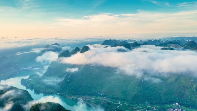 广西山水红水河云海航拍延时