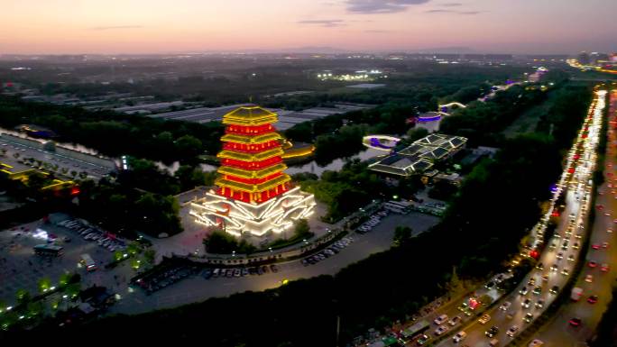 陕西西安汉城湖古建筑塔夜景灯光航拍6