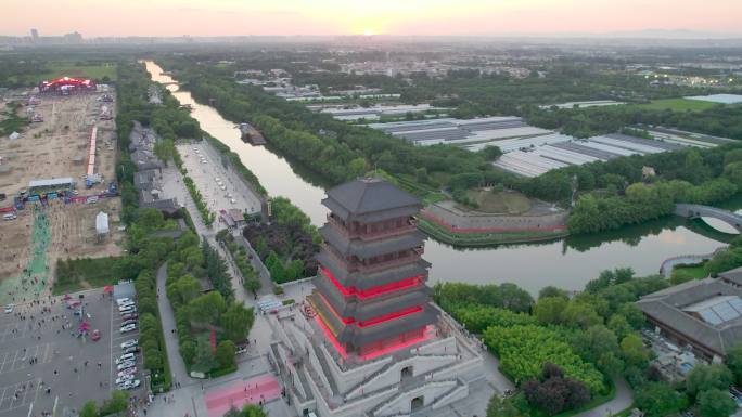 陕西西安汉城湖古建筑塔落日航拍3