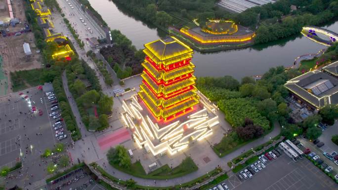 陕西西安汉城湖古建筑塔夜景灯光航拍1