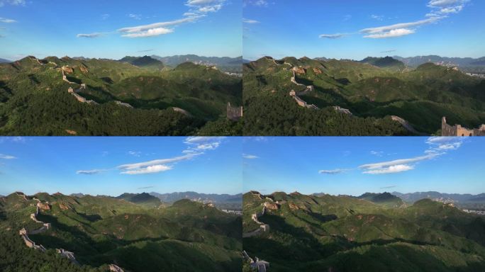 航拍蓝天白云下的中国金山岭长城风光