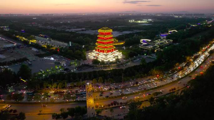 陕西西安汉城湖古建筑塔夜景灯光航拍7