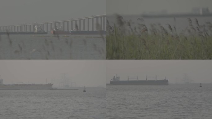 苏通大桥江面船只往来穿梭航运