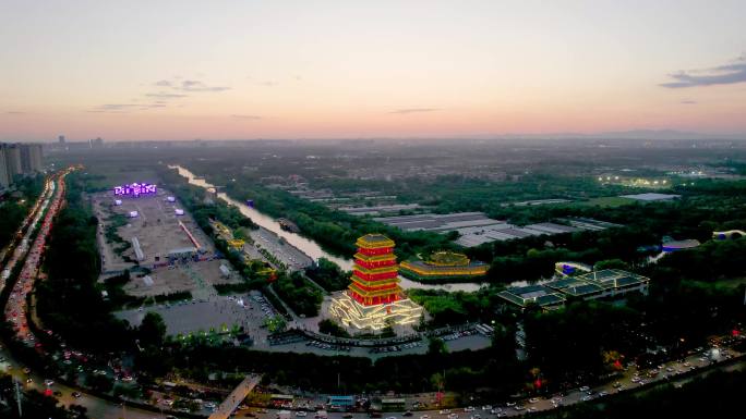 陕西西安汉城湖古建筑塔夜景灯光航拍