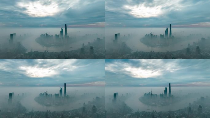 4k雾霾中的上海外滩航拍延时