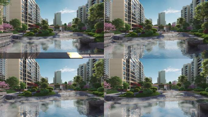 住宅区景观园林长镜头水池小溪草地建筑动画