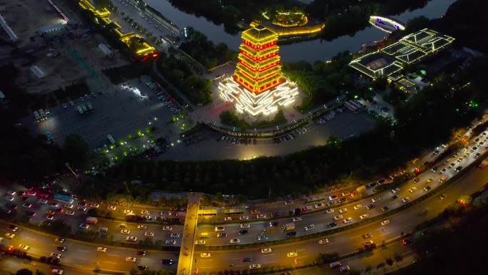 陕西西安汉城湖古建筑塔夜景灯光航拍10