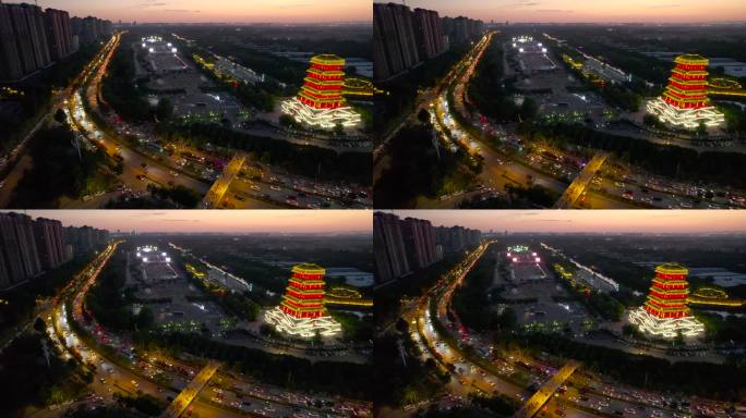 陕西西安汉城湖古建筑塔夜景灯光航拍8
