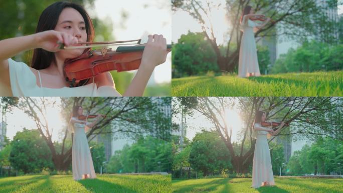 一个美女站在草地上拉小提琴