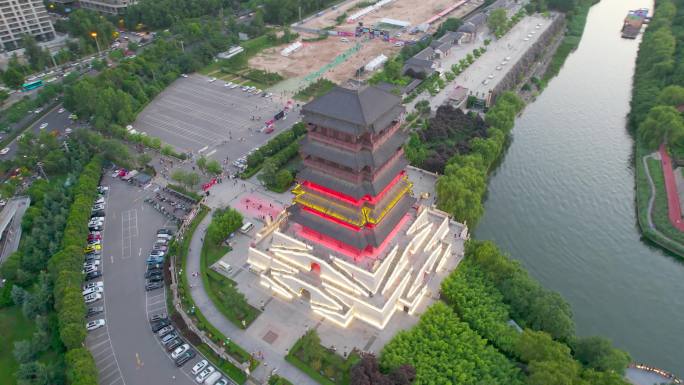陕西西安汉城湖古建筑塔落日航拍10