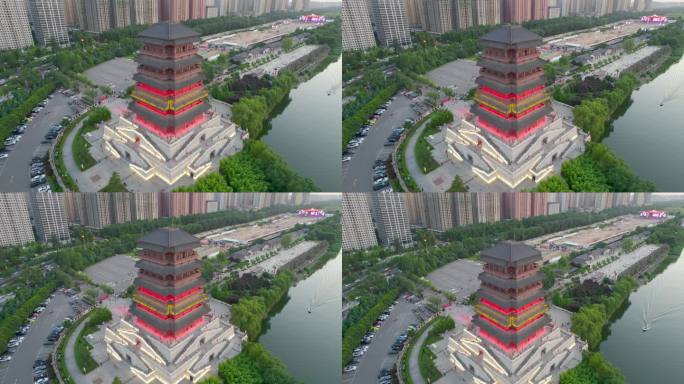 陕西西安汉城湖古建筑塔落日航拍7