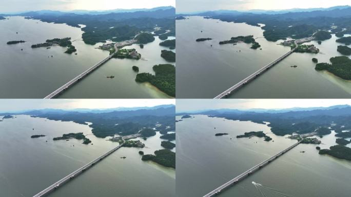 航拍杭州淳安县千岛湖镇千岛湖大桥风光