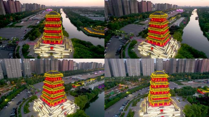 陕西西安汉城湖古建筑塔夜景灯光航拍2