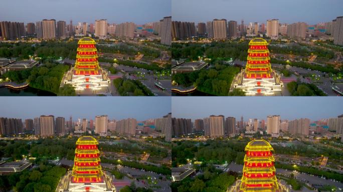 陕西西安汉城湖古建筑塔夜景灯光航拍4