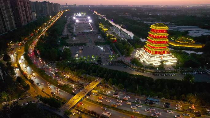 陕西西安汉城湖古建筑塔夜景灯光航拍9